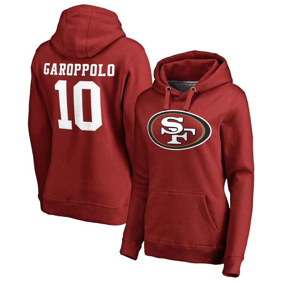 Women San Francisco 49ers #10 Jimmy Garoppolo NFL Pro Line by Fanatics Branded Scarlet Player Icon Name & Number Pullover Hoodie->women nfl jersey->Women Jersey